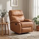 Chizzyseat Genuine Leather Rocker Recliner Modern Manual Swivel Glider Recliner with Adjustable Backrest & Footrest Wall Hugger Swivel Rocking Recliner Chair for Modern Living Room and RV Warm Brown
