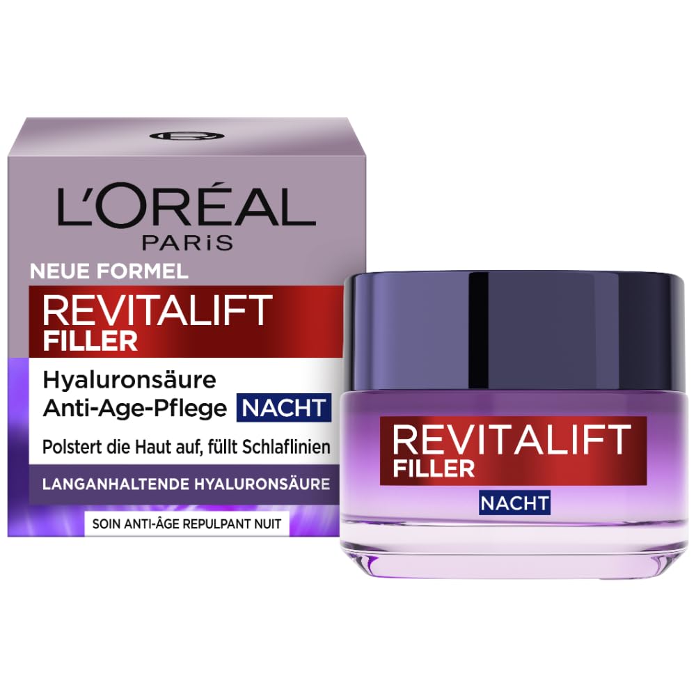 L'Oréal Paris Gesichtspflege Set, Anti-Aging Hyaluron Tagespflege und Nachtpflege gegen Falten, mit Micro-Filler Hyaluronsäure, Revitalift Filler, 2 x 50 ml