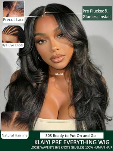 Image of KLAIYI Loose Body Wave Glueless Bouncy Curls 180% Density Bye Bye Knots Precut 7x5 Lace Front Wigs Human Hair Drawstring Pre Plucked Bleached 3S Ready to Wear and Go Wig with Face Framing Bangs 14Inch