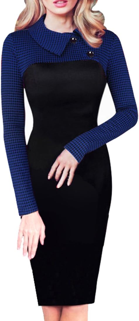 HOMEYEE Women's Retro Chic Colorblock Lapel Career Tunic Dress B238