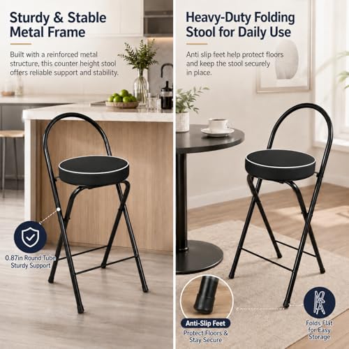 Image of Folding Bar Stool with Backrest Counter Height Chair Padded Seat Cushion Space Saving Foldable Stool for Kitchen Island Extra Portable Indoor Seating(Black,25.6 inch Seat Height (65cm))