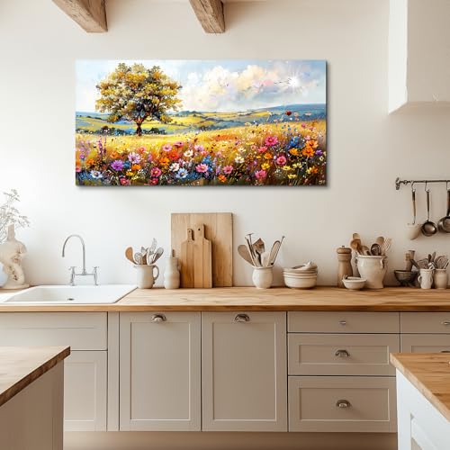SERIMINO Rustic Landscape Large Wall Art, Tree Flower Sea Canvas Painting, Nature Country Scenery Art Prints, Bright Cottagecore Wall Pictures for Living Room Dining Room, Farmhouse Decor 30X60 Inch