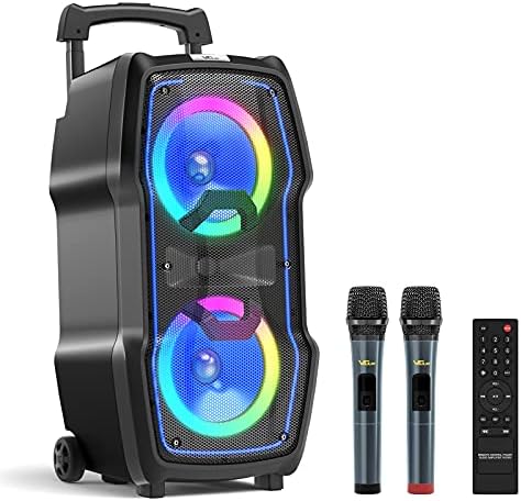 VeGue Karaoke Machine, Wireless Bluetooth PA System for Adults & Kids with Dual 8'' Subwoofers, 2 UHF Wireless Mics, Colorful LED Lights, Ideal for Home Karaoke, Party, Stage Performance (VS-0808)