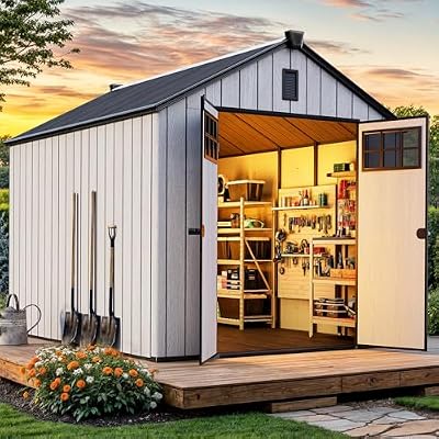 YITAHOME 8x10 FT Outdoor Storage Shed with Floor, Extra Thick Plastic Garden Shed for Bikes, Tools and Pool Supplies, Resin Storage Shed with Door, Window Insert & Vents for Patio Lawn Backyard, Gray