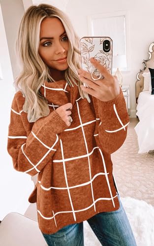 Image of ECOWISH Women Fall Pullover Sweater Turtleneck Plaid Long Sleeve Loose Casual Chunky Checked Knit Winter Sweaters Jumper Tops