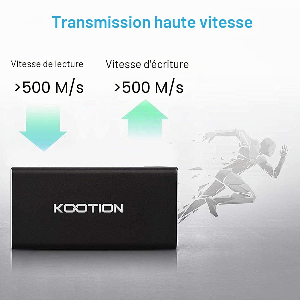 KOOTION Disque Dur Externe 250 Go SSD Ultra Mince Jusqu’à 550 Mo/s en Lecture USB 3.1 USB Type-C Solid State Drive avec 2*câbles Portable pour PC,Desktop,Laptop,Macbook,Smartphone