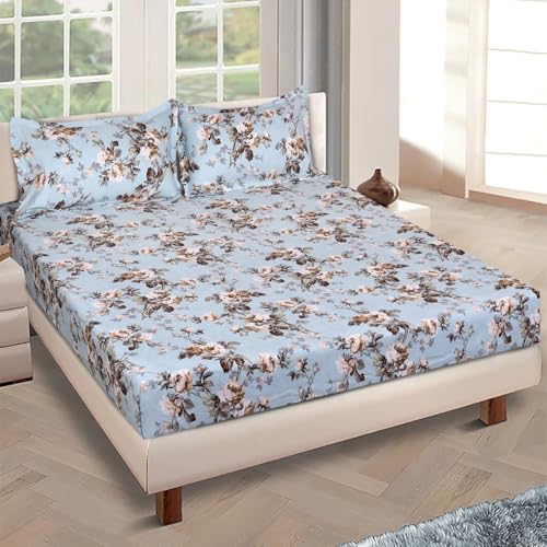 Image of ROMEE Elegant Floral Printed Glace Cotton Double Bedsheet, 150 TC Soft Feel, Queen Size (90 x 100 Inches), with 2 Pillow Covers, Blue