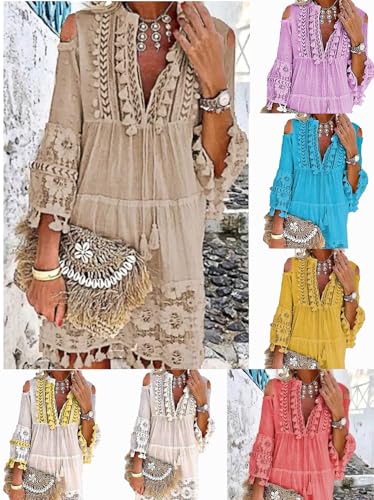 Embroidered Patchwork Fringe Dress Bohemian Crushed Flower V-Neck Plus Size Lace Dress Top4
