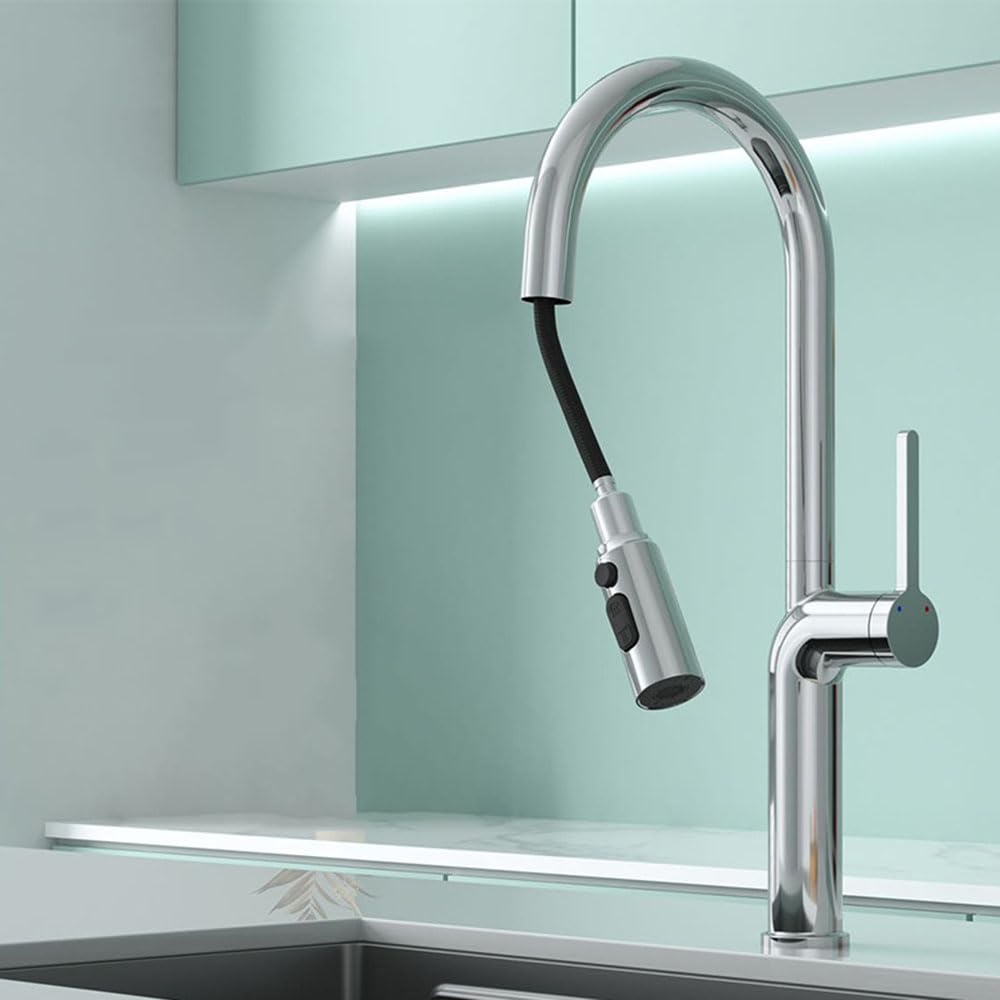 BHFPFZA Pull Out Spray Kitchen Tap 3-Mode Brass Mixer Faucet with Swivel for Hot & Cold Water Ch h - Slish Kitchen Sink Tap for Modern Homes