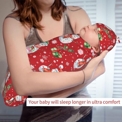 Image of Red Christmas Snowman Swaddle Blanket with Beanie Hat Set Newborn Swaddle Wrap Soft Baby Receiving Blankets Baby Swaddle Blanket for Baby Boys and Girls