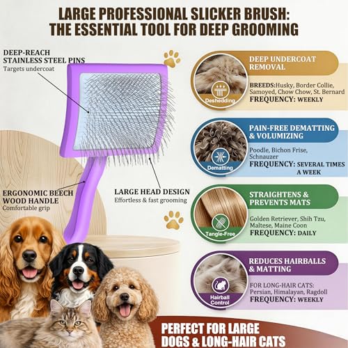 Image of Wooden Long Pin Slicker Brush for Dogs, Doodles, Poodles, Long Hair | Grooming, Detangling, and Fluffing for Wavy and Curly Hair-Designed for Heavy, Thick Coats to Prevent Matting at Home. Purple