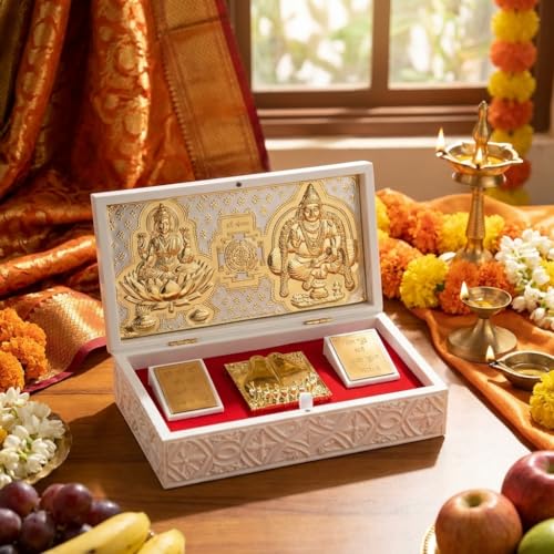 Image of Pocket Temple for Wedding Gift, Housewarming Gift & Pooja Room Decor | Gold Plated Photo Frame with Charan Paduka - 8 Inches (Laxmi Kuber - Double Decker - White)