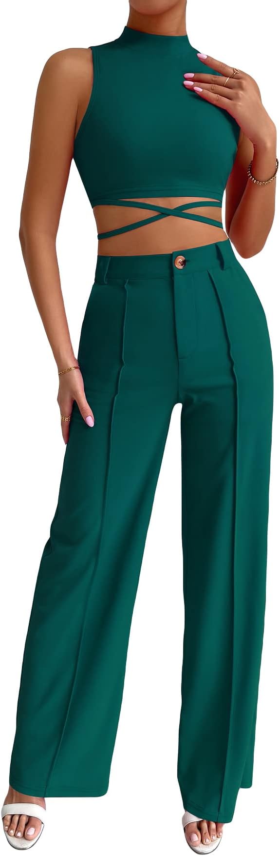 MakeMeChic Women's 2 Piece Outfits Mock Neck Criss Cross Crop Tank Top and Wide Leg Pants Set Dark Green S