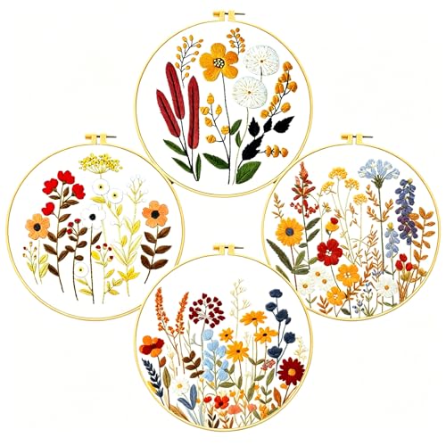 Image of Zhenqing Floral Embroidery Kit - 4 Piece 29x29cm Round Hoop Art Set with Pre-Printed Cotton Fabric, Embroidery Hoop, Threads & Tools for Beginners (C0010)