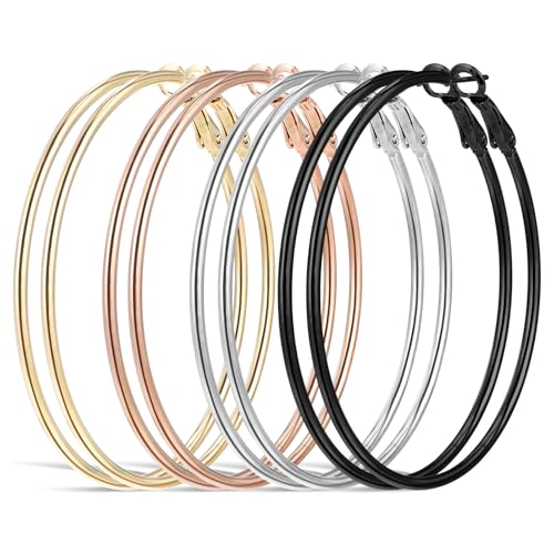 Tyqour 4 Paare Große Ohrringe Set, Edelstahl Ohrringe Länge 50mm, Silber Creolen Hoop Kreis Gold Silber Schwarz, Hypoallergen Kreis Endlose Creolen für Mädchen und Damen