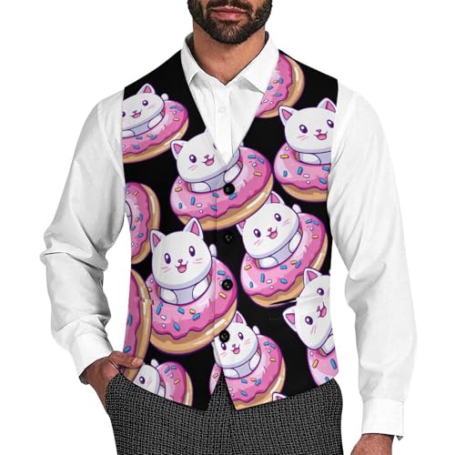 Cute Cat Donut Men's Suit Vests Business Formal Dress Vest V-Neck Waistcoat for Wedding Casual