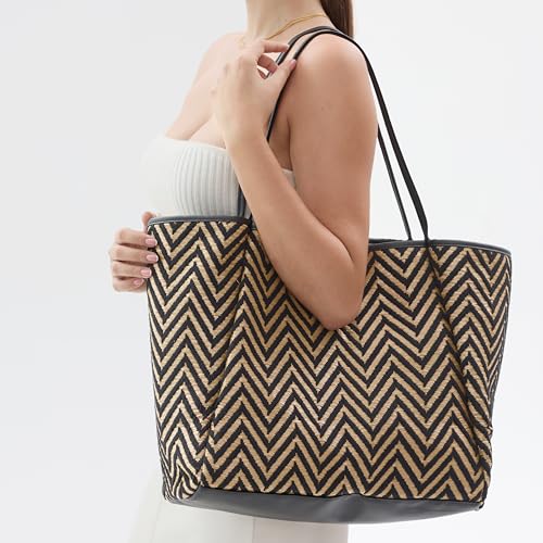Image of HOXIS Oversized Beach Tote with Vegan Leather Trim Women Shoulder Handbag