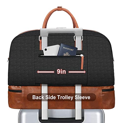 Image of Weekender Bag for Women, Large Overnight Bag Canvas Travel Duffel Bag Carry On Tote with Shoe Compartment 21 inch 3Pcs Set, A12-brown+black, Large, Practical