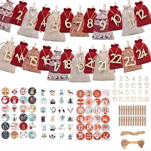 Durashmall Kit di 24 sacchetti regalo in lino e cotone, con etichette in legno, clip adesivi e corda di iuta, per decorazioni rustiche e festive