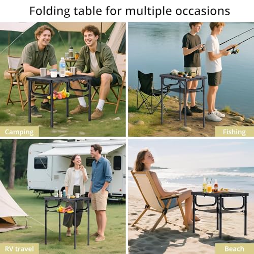 Anbte Folding Camping Table with Storage Net, Pure Black Aluminum 2ft Picnic Table 23.2" x 16" Outdoor Table Adjustable Height Max 27.5", Lightweight, Waterproof, Portable Handle for Travel Cooking - Image 6