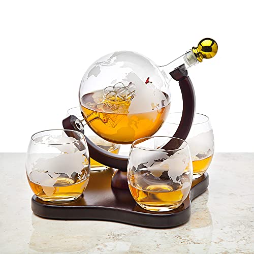 Whiskey Decanter Globe Set With 4 Etched Globe Whisky Glasses For Liquor, Scotch, Bourbon, Vodka, Gifts For Men - 850Ml Clear #TOP4