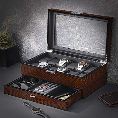 BEWISHOME High-End Watch Case, 12 Slot Watch Box with Valet Drawer, Luxury 2-Layer Watch Display Case for Jewelry, Wooden Watch Holder, Watch Organizer for Men Women Brown SSH02Y3