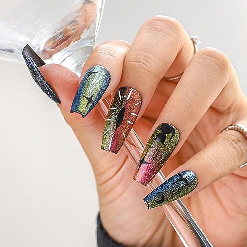 Sethexy Halloween Long Coffin False Nails Handmade Cat Eye Glossy Press On Nails Devil Eye Moon Acrylic Fake Nails Salon Quality Nail Removable for Women and Girls(Y)