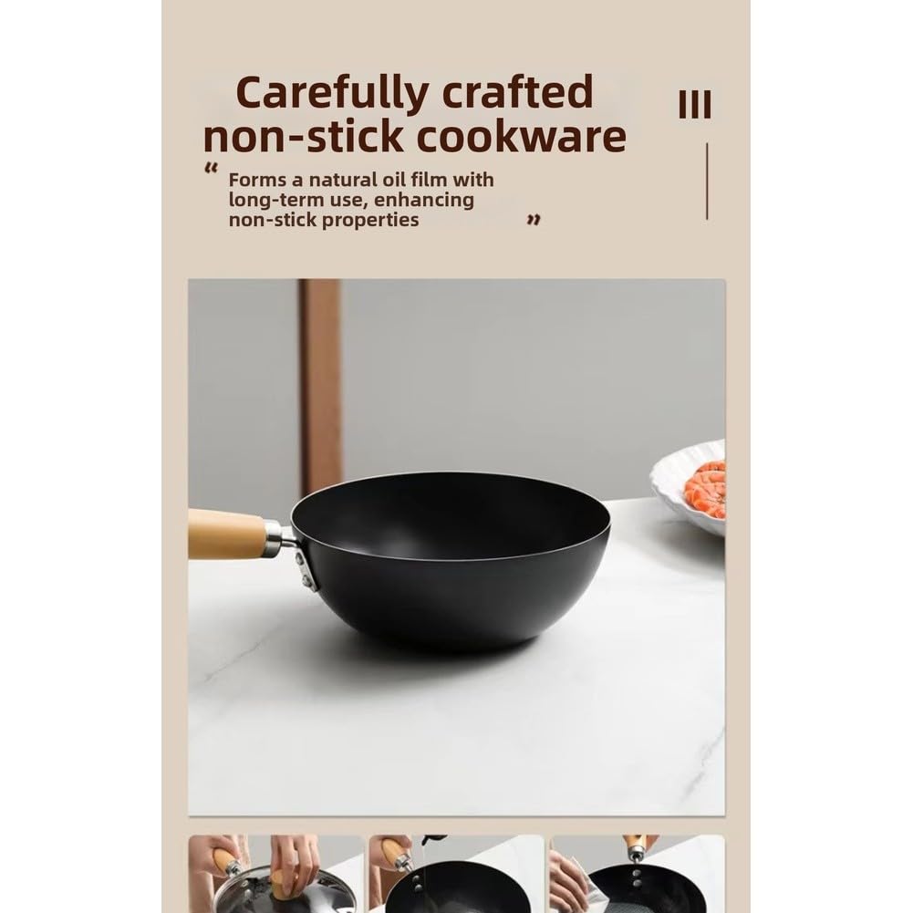 Wok de hierro sin revestimiento de 20 cm para cocina de inducción, sartén individual de estilo japonés con superficie y mango de agarre cómodo