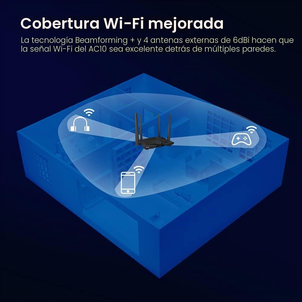 Tenda AC10 - AC1200 Router WiFi inalámbrico Gigabit, Doble Banda 5GHz 867 Mbps 2, 4 GB 300 Mbps, Gaming, Beamforming +, 4 Antenas 5 dBi, 4 Puertos LAN Gigabit, Dedicado para fibra de 200 MB y superior