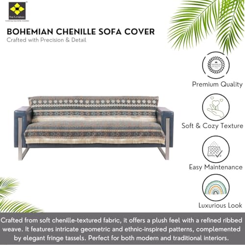 Image of Elegant Woven Grey Sofa Cover - Soft Chenille Traditional Pattern with Lace Style | L-Shape Sectional Seat Protector for Living Room | Durable & Stylish Slipcover 3 Seater Sofa Cover