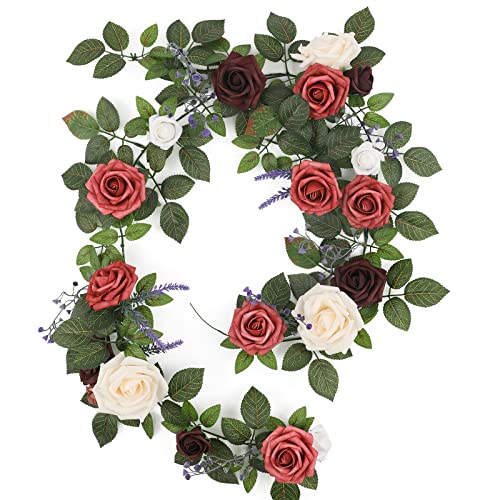 Garisey 5FT Artificial Rose Flower Burgundy Fake Floral Garland for Wedding Ceremony Backdrop Arch Flowers Table Centerpieces Decorations