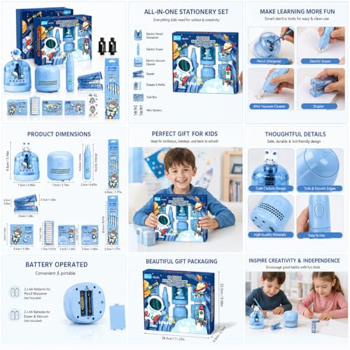 Image of Magicwand Battery Operated Pencil Sharpener,Electric Eraser,Vacuum Cleaner Stationery Set with 10 Eraser Refills for Kids,Adults for Home Office School【Sapphire Blue】