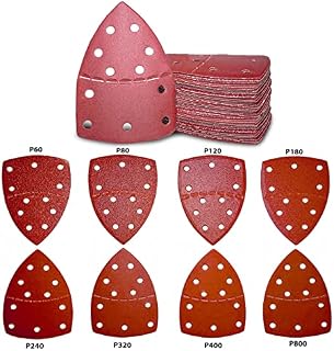 80Pcs Sanding Pads, 8 Types of Grit, Mouse Sanding Sheets Triangular with Hook and Loop, 10-Sheets Assorted 60/80/120/180/240/320/400/800 Grit Mouse Sander Pads,11 Holes Mouse Sanding Pads,14 x 9 cm