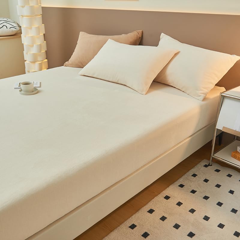 Crystal Milk Velvet, Solid-Color Protector, Soft and Fluffy, Multiple Sizes, Multiple Colors, Anti-Slip Mattress Protector, Does not Include Pillowcases (White,Queen)