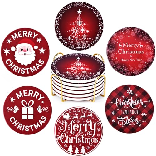 Christmas Coasters Set of 6 Absorbent Ceramic Xmas Holiday Drink Coasters