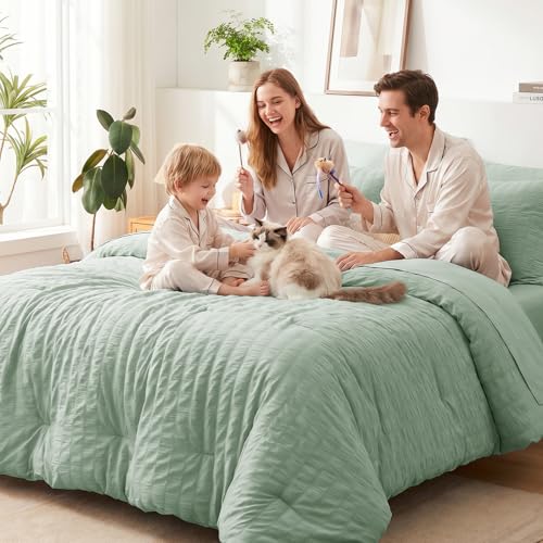 Image of CozyLux Oversized King Comforter Set with Sheets, 7 Pieces 120 inchx98 inch Sage Green Seersucker Bed in a Bag, Luxury Soft All-Season Bedding Sets with Down Alternative Comforter, Sheets, Pillowcases & Shams