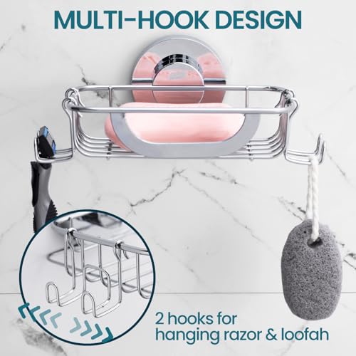 Image of TAILI Soap Holder, Soap Dish Suction Cup with Hooks, Stainless Steel,Silver
