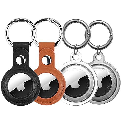 DDJ Lot de 4 étuis étanches pour porte-clés AirTag, étui AirTag pour collier de chien, bagages, clés, protection intégrale anti-rayures (cuir PU : noir/marron, transparent : blanc/noir)