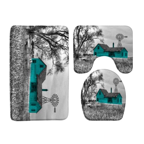 Vintage Farm Truck 3 Pcs Bath Rugs Set,Rustic Wooden Barn American Old Antique Car Farmhouse Windmill Western Country Bathroom Kitchen Rug with 16