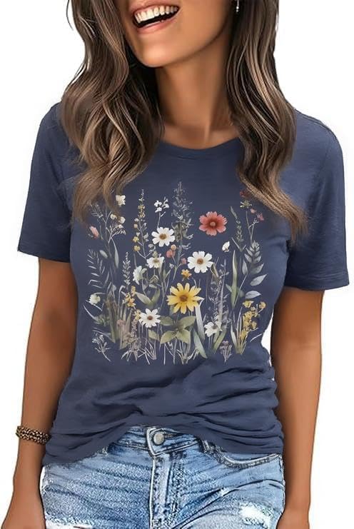 Women's Vintage Flowers Tshirts Floral Graphic Tees Wildflowers Shirts Vacation Casual Short Sleeve Tops Loose Beach Tops