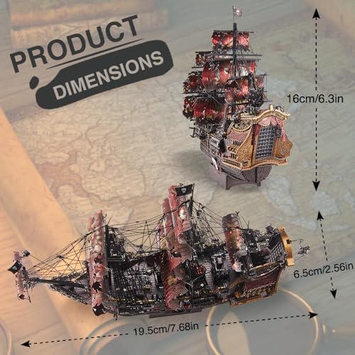 Image of Piececool 3D Metal Puzzles for Adults, Red Queen Anne's Revenge Pirate Ship Model Kits, 3D Watercraft Model Building Kit, DIY Craft Kits Difficult 3D Puzzles for Family Time