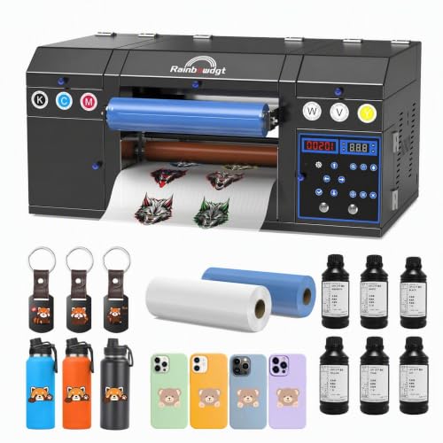 RAINBOWDGT A3 UV DTF Sticker Printer (with laminator), Dual XP600 printheads, Automatic Cleaning and White Ink Mixing System, Versatile for Glass, Metal, Wood, Mugs, Phone Cases, and More.
