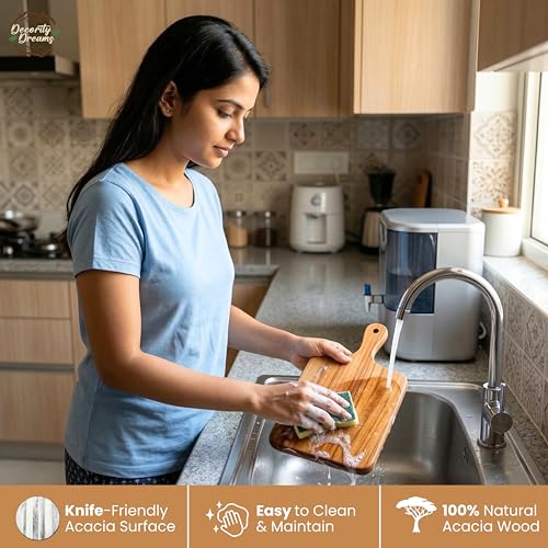Image of Single Piece Solid Acacia Wood Reversible Cutting Board - Natural Finish Wooden Chopping Board, Serving Tray 38x23x2 cms Handmade (CHB)