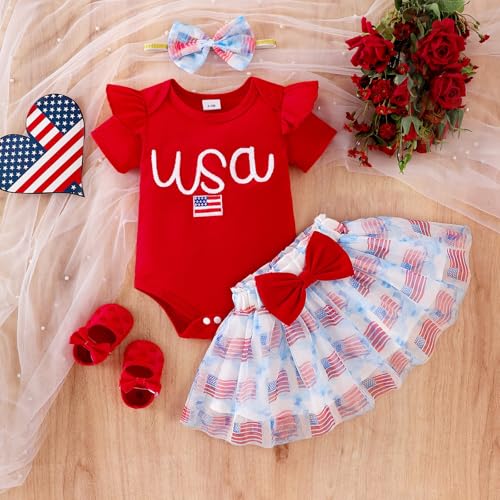 4th of July Baby Girl Outfits Summer Clothes Newborn Ruffled Romper American Flag Dress with Bow Headband 0-18 Months2