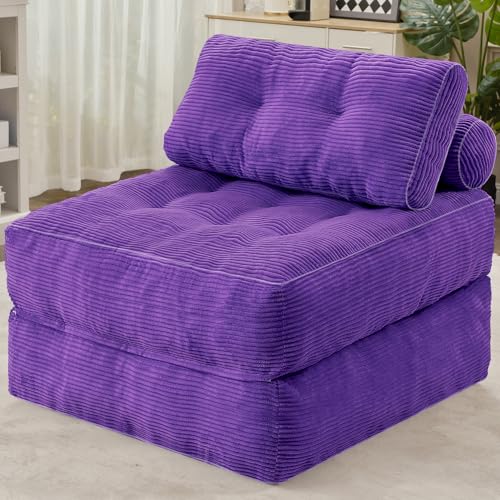 HABUTWAY Folding Sofa Bed, Convertible Sleeper Chair Bed w/Dual-Pillow & Handle, Foldable Floor Sofa Lounge w/Back Support for Living Room, Bedroom, Apartment, Office, Single, Purple