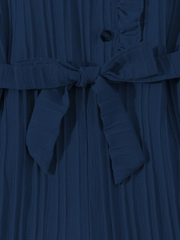 Image of Niren Enterprise Stylish Girls' Pleated Jumpsuit with Ruffle Sleeves, Button-Down Front, and Waist Belt - Comfortable Casual Outfit for Kids