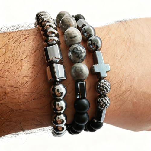 Set de 3 Pulseras para Hombre con Cuentas y Cruz miniatura 3