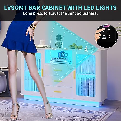 LVSOMT Sideboard Buffet Storage Cabinet with LED Lights, Modern Kitchen Bar Cabinet, High Gloss Wood Accent Cabinet, Console Table for Living Room (Matte White) - Thumbnail 7