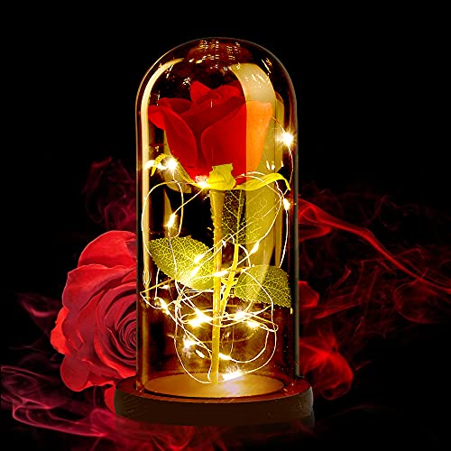ASANMU Rosa Eterna, Regalos Originales para Mujer, La Bella y La Bestia Rosa Encantada,Elegante Cúpula de Cristal con Base Pino Luces LED,Regalo Original para Mujer San Valentin Cumpleaños Aniversario
