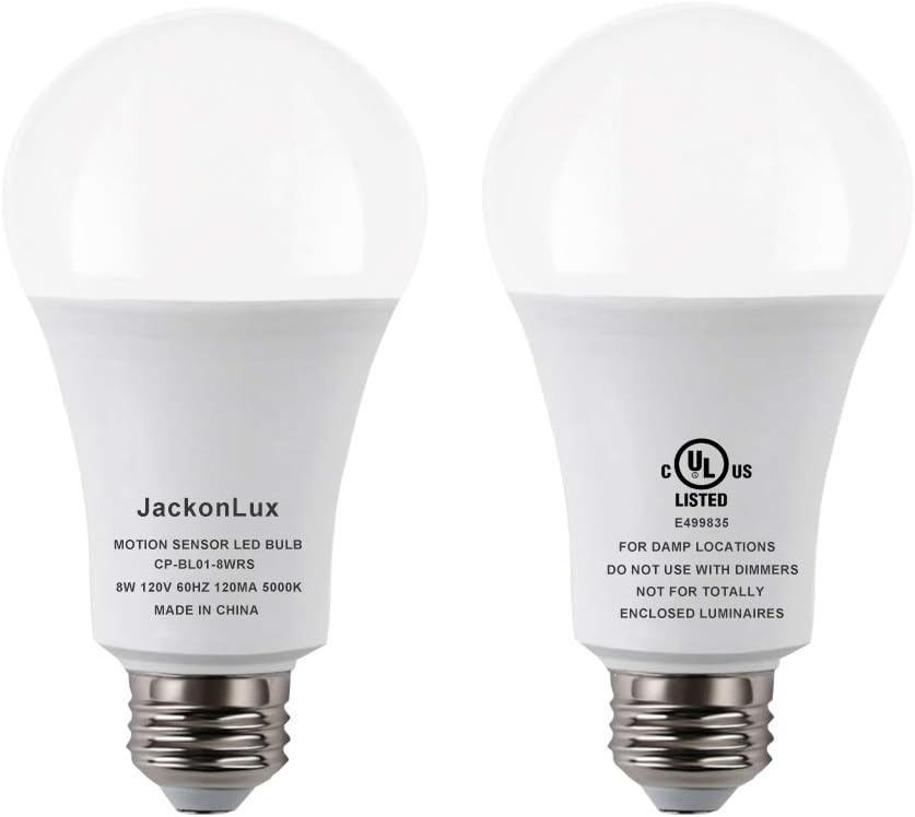 JackonLux Motion Sensor Light Bulb Motion Activated Light Bulb 8W 800LM UL Listed Auto On/Off Security Light Bulbs for Front Door Porch Garage Hallway Stairs E26 5000K (Daylight, 2 Pack)